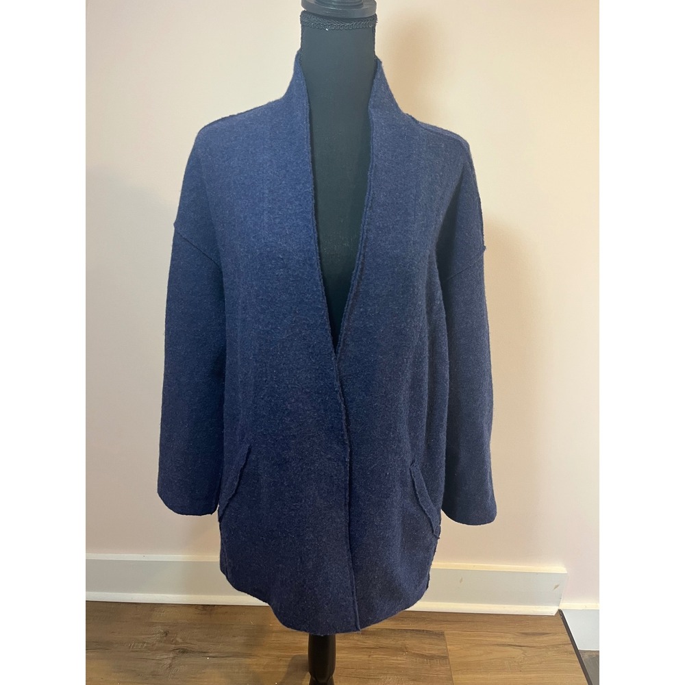 Eileen Fisher 100% Merino Wool Open Front Cardigan Jacket Navy Blue Small
